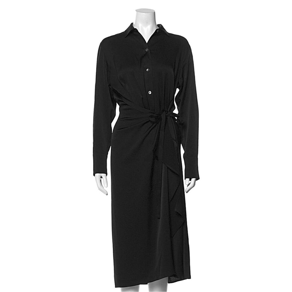 Vince Tie Front Shirt Dress Black Midi Triacetate Blend Size 8 MSRP $425